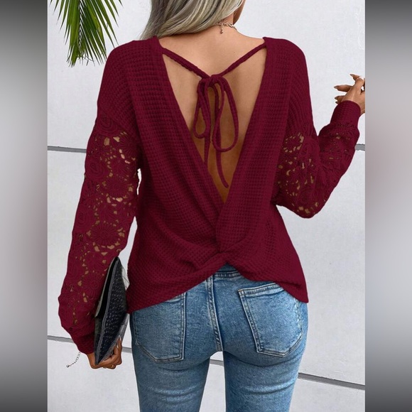 Boho floral embroidered lace sleeve twisted open tie back top - Picture 7 of 16